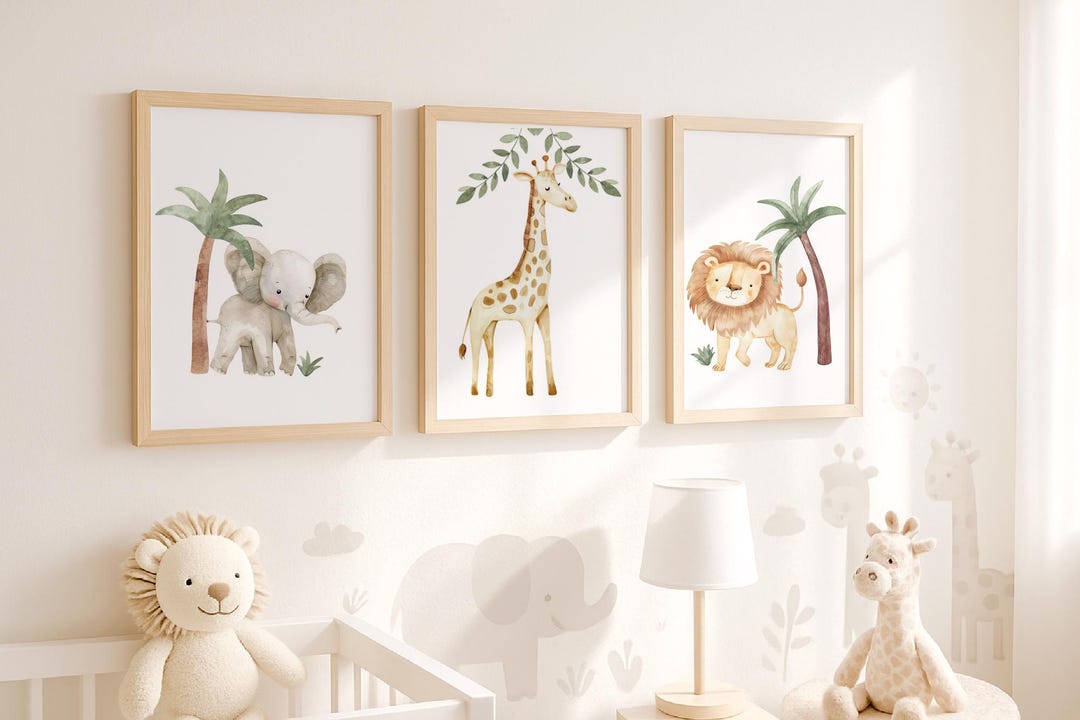 Safari Jungle Animal Watercolor Prints, Set of 3 Nursery Wall Art, Boy ...
