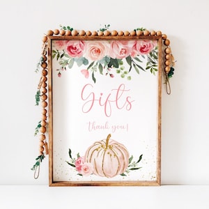 Pumpkin Baby Shower Gifts Sign girl, Printable Favors Sign, floral pink gold, white Pumpkin, Fall Autumn, Pp001