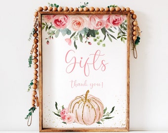 Pumpkin Baby Shower Gifts Sign girl, Printable Favors Sign, floral pink gold, white Pumpkin, Fall Autumn, Pp001