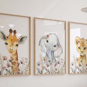 Boho Wildflower Safari Watercolor Prints, Neutral Animal Floral Nursery Wall Art, Safari Girl's Room Decor, Set of 3 Art Prints Shipped, 216