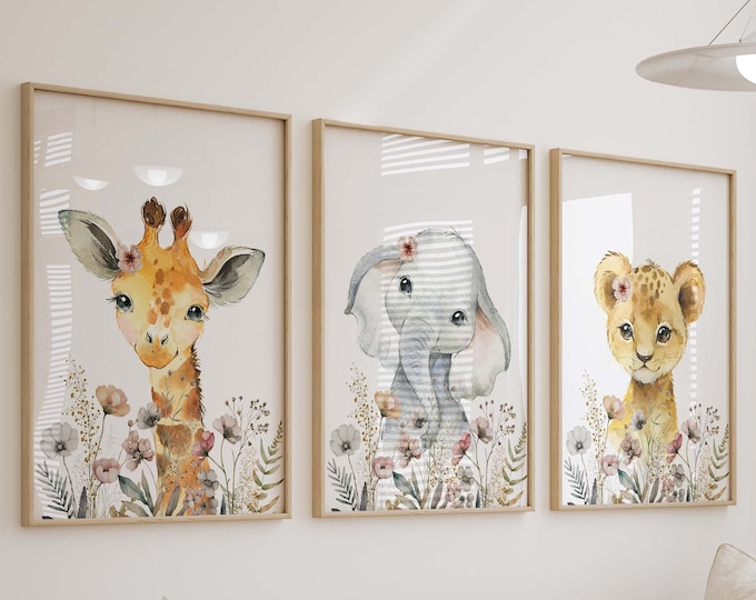 Boho Wildflower Safari Watercolor Prints, Neutral Animal Floral Nursery ...
