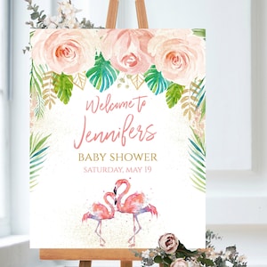 Tropical Flamingo baby shower welcome sign, floral flamingo party, PM042