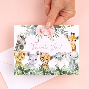 Safari Baby Shower Danksagungskarte floral. Babyparty Wild eins, Dschungel. Tier Babyparty. Dschungel-Einladung. Gold, sa2021