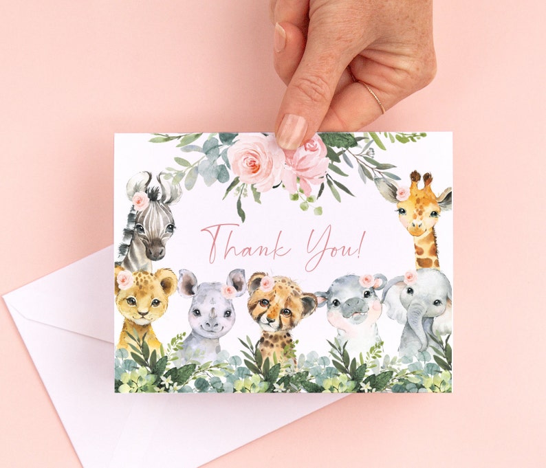 Safari Baby Shower Thank You Card Floral. Wild One Jungle Etsy
