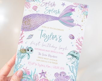 Mermaid Birthday Invitation Template. Editable Under the Sea Birthday Invite. Girl Mermaid Birthday Party. Purple Teal Gold. M2021