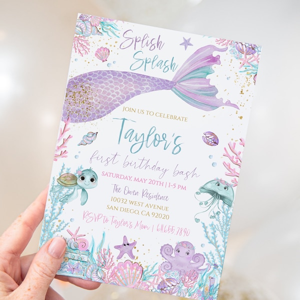 Mermaid Birthday Invitation Template. Editable Under the Sea Birthday Invite. Girl Mermaid Birthday Party. Purple Teal Gold. M2021