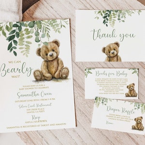 Invito baby shower orso MODIFICABILE / Pacchetto invito orso We Can Bearly Wait / Orsetto verde / / Modello stampabile o stampato / BB77