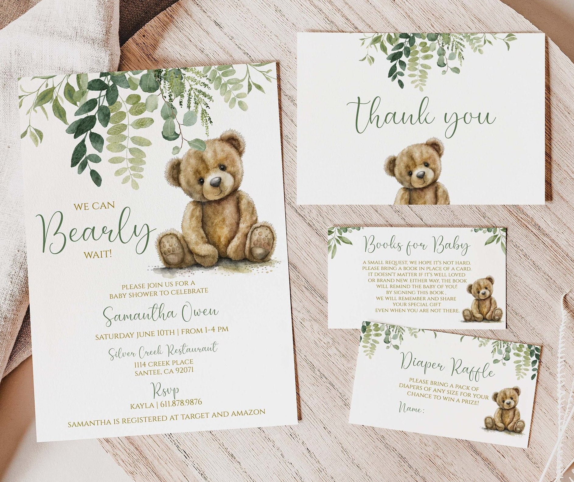 EDITABLE Bear Baby Shower Invitation | We Can Bearly Wait Bear Invite bundle | Greenery Teddy Bear | | Printable Template or Printed | BB77
