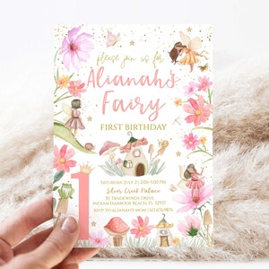 Fairy First Birthday Invitation | Editable Enchanted Pixie Fairy Invite| Magical Forest Printable Girl's Birthday Invitation Template, FPE01