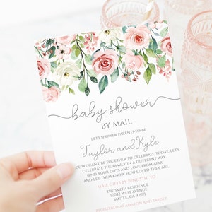 Baby Shower por correo, distanciamiento social, baby shower virtual, invitación de baby shower floral rubor, baby shower de niña, plantilla, Pms200