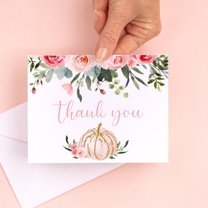 Kürbis-Babyparty-Dankeschön-Karte, rosa Goldblumen, Herbst-Dankeschön-Karte, kleiner Kürbis, Mädchen-Babyparty, PP001
