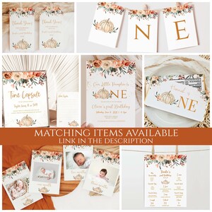 May include: A set of printable fall-themed party decorations featuring a pumpkin and floral design. The set includes a banner, thank you tags, a time capsule, a birthday invitation, and a milestone card. The text on the invitation reads "Our Little Pumpkin is One".