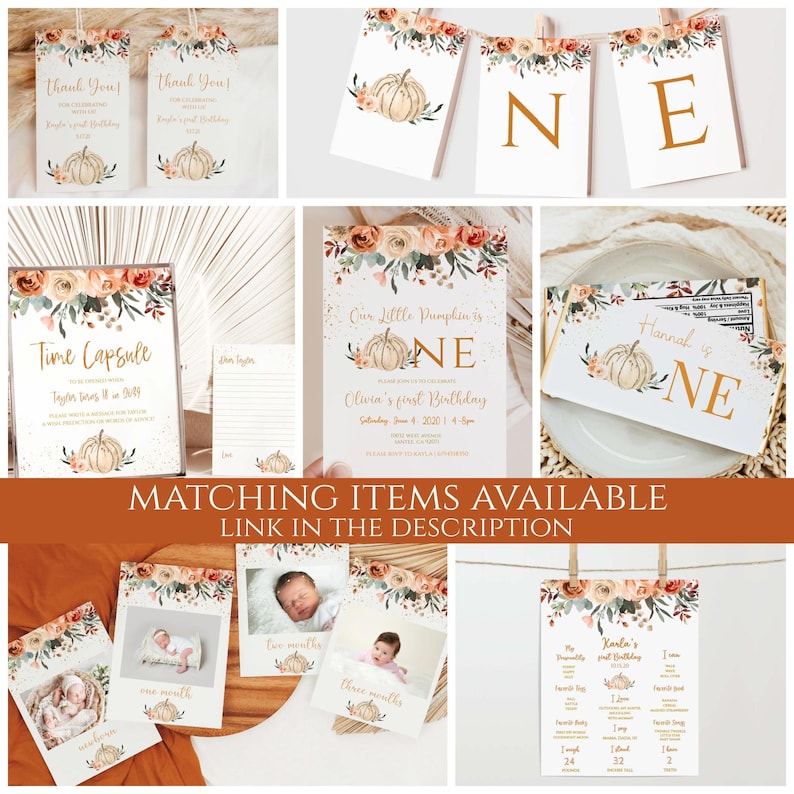 May include: A set of printable fall-themed party decorations featuring a pumpkin and floral design. The set includes a banner, thank you tags, a time capsule, a birthday invitation, and a milestone card. The text on the invitation reads "Our Little Pumpkin is One".