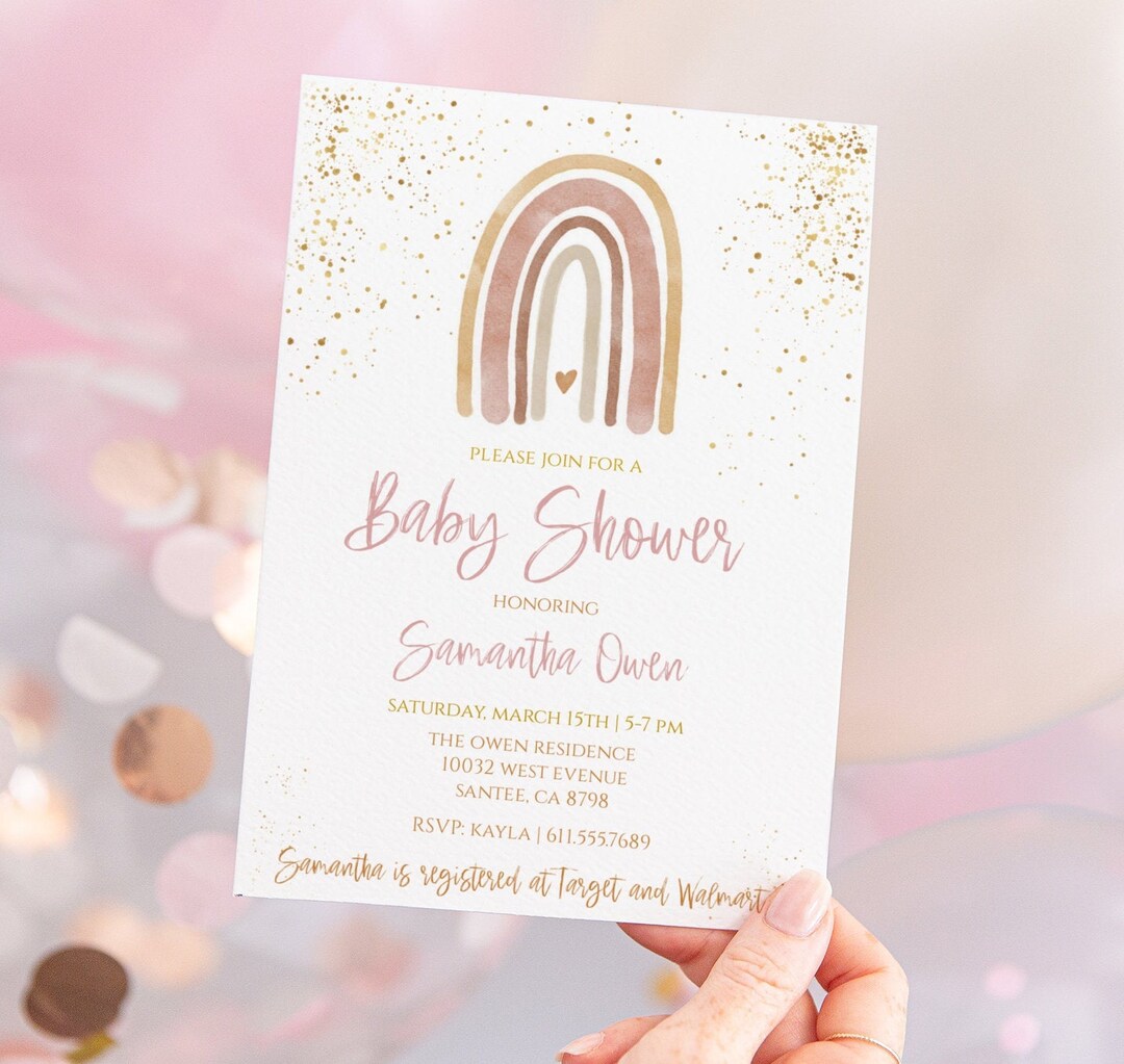 Modern Rainbow Baby Shower Invitation Girl | Editable Blush Rainbow ...