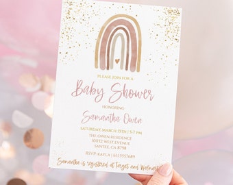 Modern Rainbow Baby Shower Invitation Girl | Editable Blush Rainbow Invite|Printable Rainbow Shower| Invitation Template |Boho, RB001