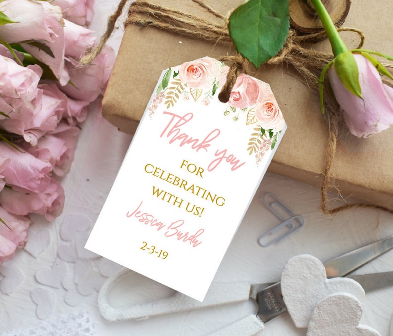 Blush Pink Floral Thank You Favor Tags, Printable Favor Tag Template, Thank You, Birthday, Editable, zdjęcie 1