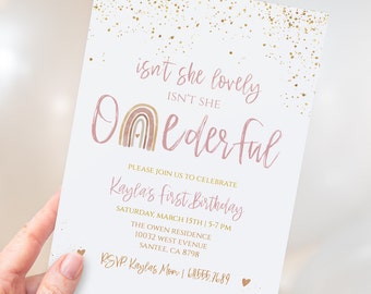 Modern Rainbow First Birthday Invitation|Editable ONEderful Invite|Printable Rainbow Birthday|Girls Birthday Invitation Template |Boho, R001