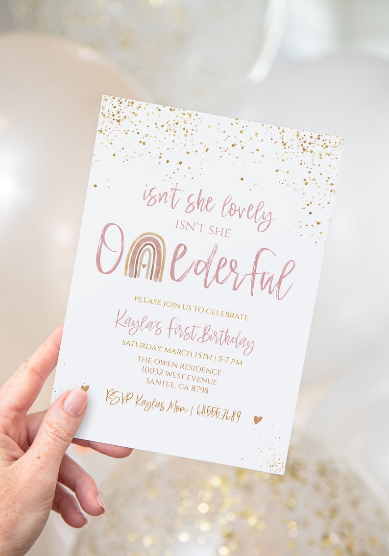 Modern Rainbow First Birthday Invitation|Editable ONEderful Invite|Printable Rainbow Birthday|Girls Birthday Invitation Template |Boho, R001 