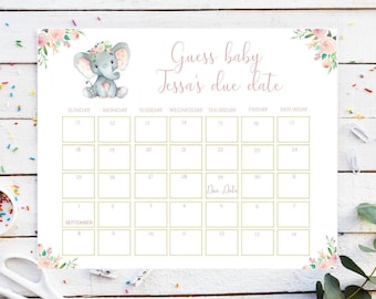 May include: A printable baby shower game featuring a cute cartoon elephant with pink flowers. The game asks guests to guess the due date of the baby, Tessa, by marking the date on a calendar.