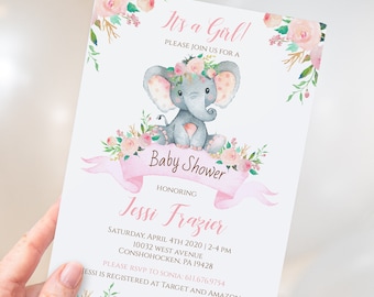 Elephant Baby Shower Invitation Girl Baby Elephant Girl Baby