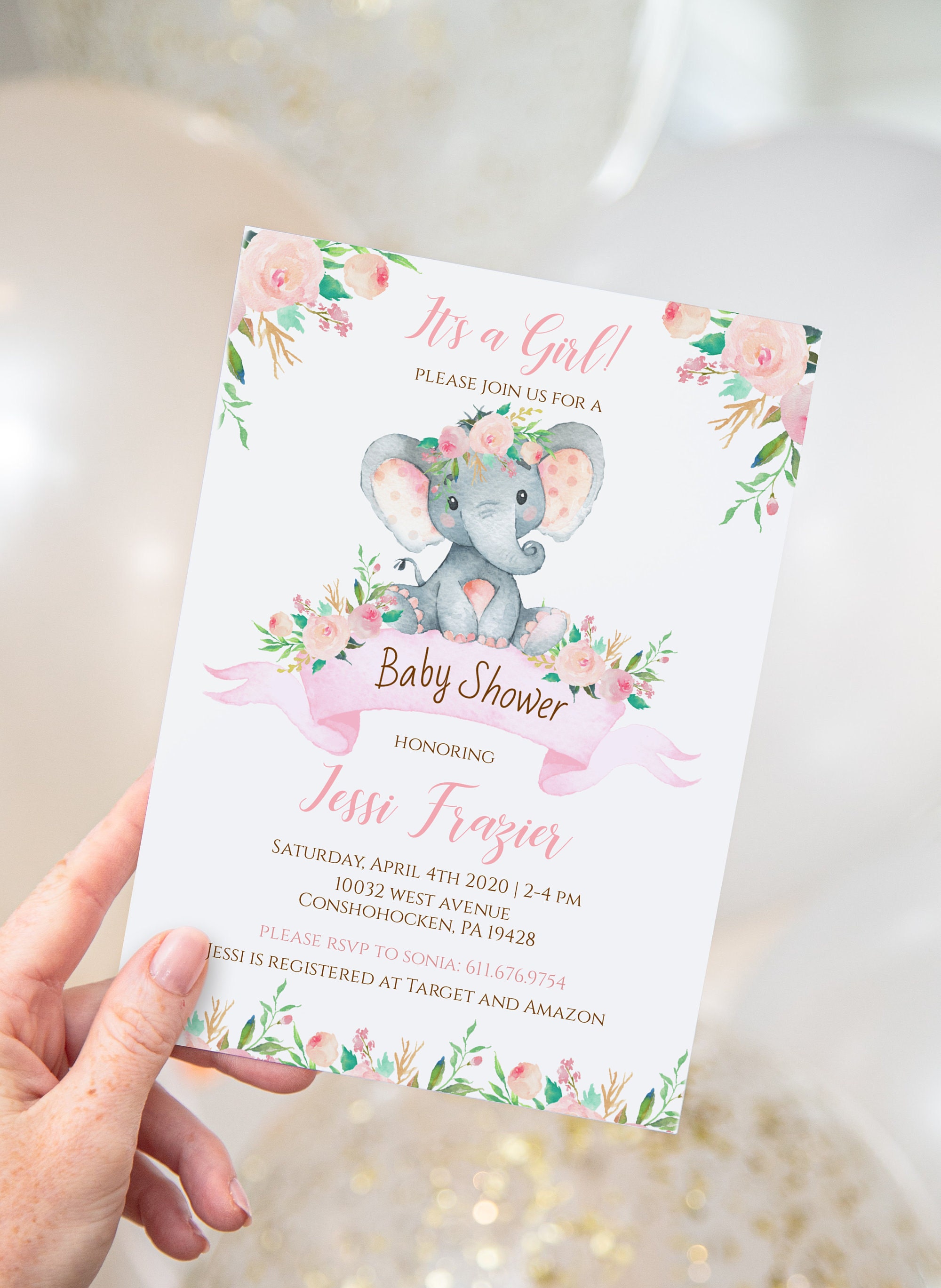 Plantilla de tarjeta de invitación de ducha de bebé elefante cumpleaños  para niño y niña