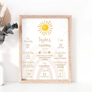 Sunshine Rainbow First Birthday Milestone Sign Boho, 1st Birthday Party Sign • ChalkBoard INSTANT DOWNLOAD • Editable Template 16x20,SR001