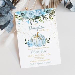 Kürbis-Babypartyeinladung Junge Blau Blumen, Vorlage, EDITIERBAR, druckbare Einladung, Herbst, ein kleiner Kürbis ist auf dem Weg, PB007