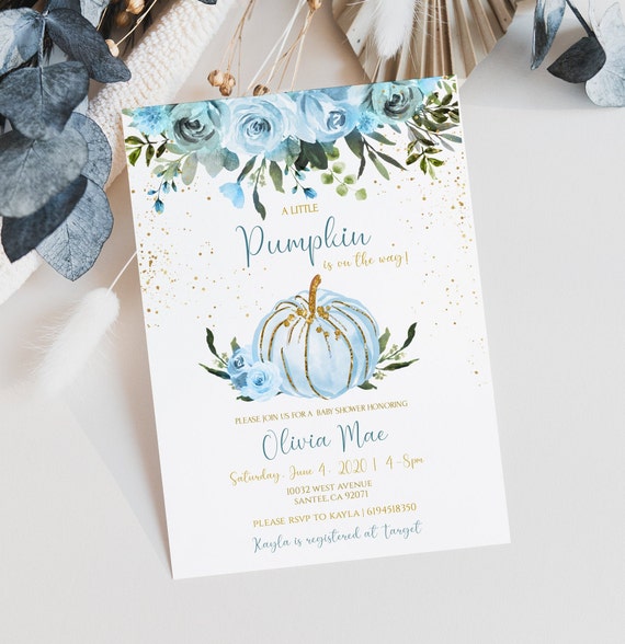 Pumpkin Baby Shower Invitation Boy Blue Floral, Template, EDITABLE, Printable Invitation, Fall, A Little Pumpkin is on the Way, PB007