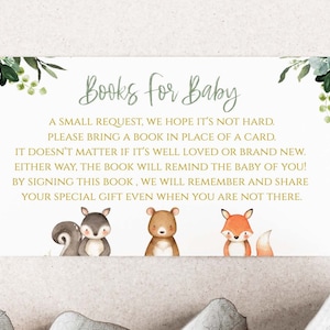 Woodland babyshowerboeken voor babykaart, dierlijk groen en goud, bosdierenboeken voor baby, Wood001
