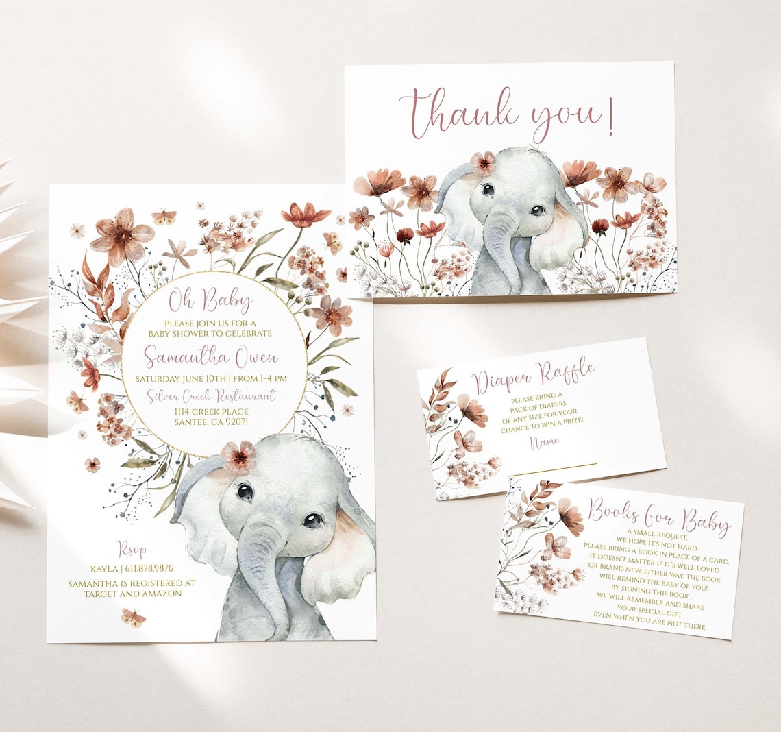 Boho Elephant Baby Shower Invitation Bundle. Floral Elephant Etsy