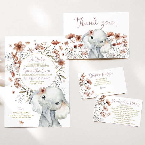 Boho Elephant Baby Shower Invitation Bundle. Floral Elephant invite, Little Peanut baby shower template. Diaper Raffle, Printable, EE01