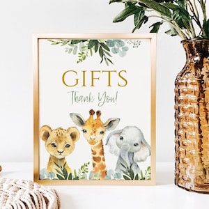 Geschenken Sign Table Decor, Wild One Sign Gift Table, PRINTBAAR, Safari tafel teken, olifant partij decor, safari cadeau teken, leeuw, SA2020