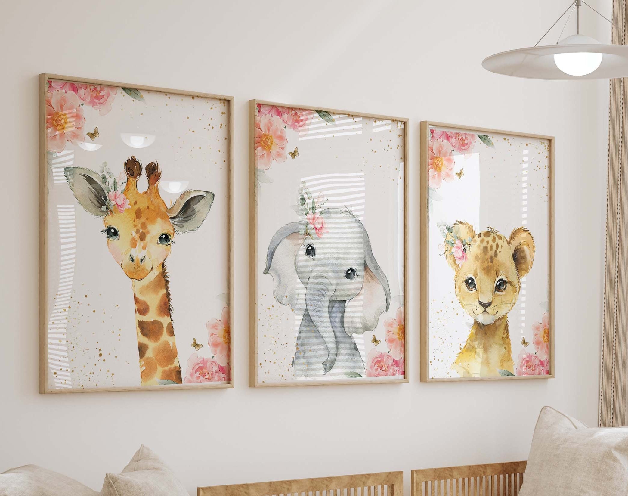 Safari Floral Watercolor Prints, Blush Floral Nursery Wall Art ...