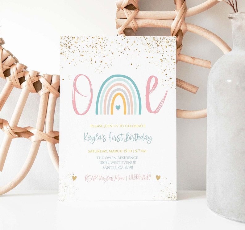 Printable Girl's 1st Birthday Invitation – Pastel Rainbow Digital Download