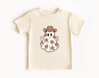 Cowgirl Graphic Toddler Shirt | Retro Ghost Kids Shirt | Cute Halloween Natural Baby Tee | #5036