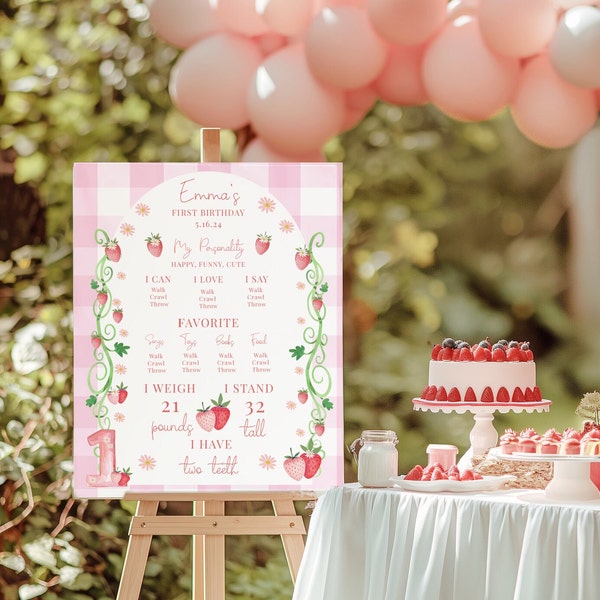 Berry First Birthday Meilensteinschild Rosa, Erdbeere 1. Geburtstag Partyschild • SOFORTIGER DOWNLOAD • Bearbeitbare Vorlage 16x20, Berry200