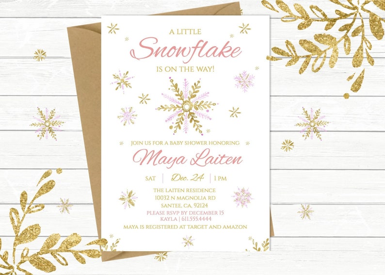 Little Snowflake Girl Pink Baby Shower invitation, Snowflakes / Snow / Winter / Christmas / gold Pink / On her way / book card, PM005 image 2