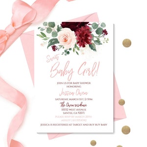 Burgund Blush-Babypartyeinladung, Blumen-Babypartyeinladung, druckbare Babyparty-Einladung, blush, kastanienbraun, burgund, Pm036