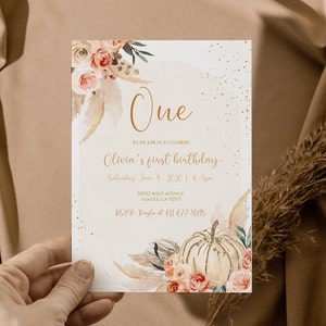 Girl Little Pumpkin First Birthday Invitation Boho Pampas, Rustic pumpkin invite, fall neutral colors Birthday Party, NP003