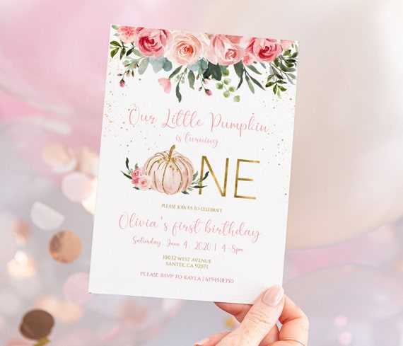 Pumpkin Invitation First Birthday,Our Little Pumpkin 1st birthday Invite,Pink and Gold, Girl Fall invitation,Instant download,Editable, pb01