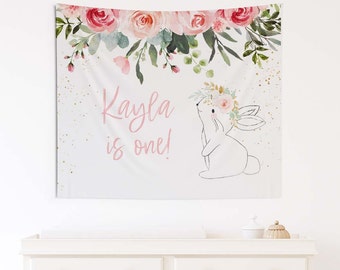 Floral Bunny Birthday backdrop | Baby Shower Bunny Backdrop| Personalized| Bunny party decor, B001,