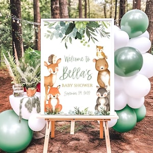 Señal de bienvenida del baby shower del bosque, señal de bienvenida de los animales del bosque, exhibición de entrada al baby shower, señal imprimible, decoración de la ducha, Wood001