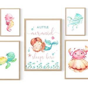 Decorazioni murali per cameretta e cameretta per bambine, stampa con sirena, sotto il mare, stampa con tartaruga, set di 5 stampe. Decorazioni per cameretta, arte per neonati.