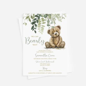 EDITABLE Bear Baby Shower Invitation | We Can Bearly Wait Bear Invite bundle | Greenery Teddy Bear | | Printable Template or Printed | BB77