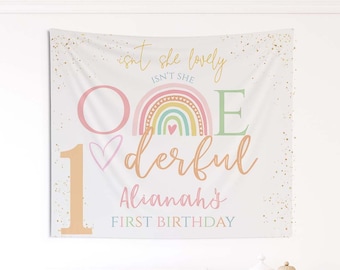 Pastel Rainbow First Birthday Backdrop, Onederful Personalized sign, Party Printed Backdrop, Girl Birthday Decor, Photo prop,RC003