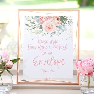 Write your name and address on an envelope, floral shower sign, floral baby shower printable table sign, blush pink, sage, boho, Pm201