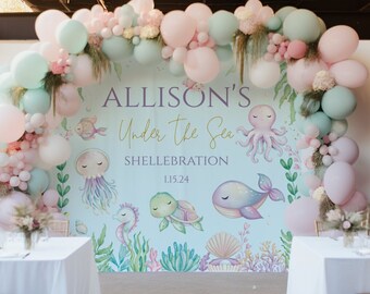 Pastel Under The Sea Birthday Backdrop, Sea Animals Girl, Personalized Under the sea sign, Printed Backdrop, Birthday Decor, Photo prop,750