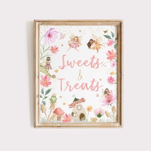 Cartello da tavolo Fairy Sweets and Treats, tavolo da dessert STAMPABILE, arredamento per la festa del primo compleanno delle fate, Magical Pixie Party, FPE01