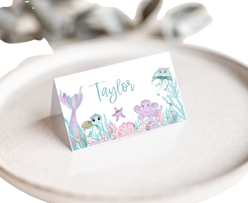 EDITABLE Buffet Tent Card, Printable Food Card, Place cards, Pastel Mermaid tent cards M2021 image 1
