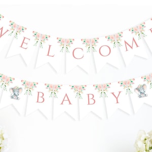 Editable Banner- Pink floral elephant Baby Shower, Printable-Baby Shower Banner-floral elephant-PM004